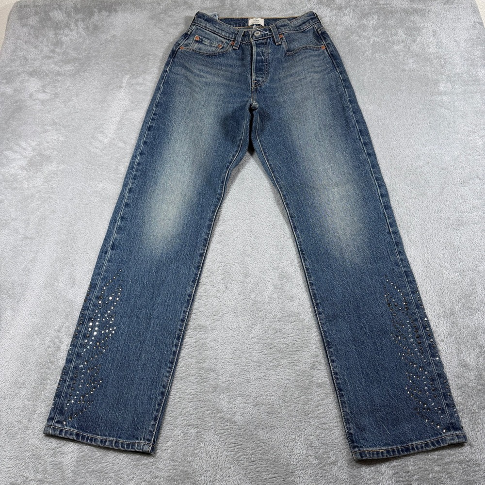 Levis 501 Curve Jeans Womens 27 Blue Medium Wash Straight Leg Rhinestone Studs